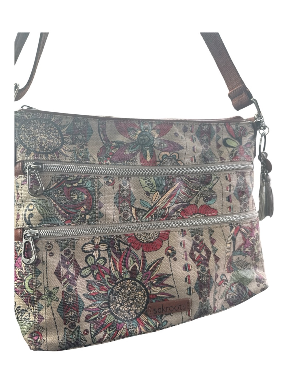Sakroots Beige Floral-Print Crossbody Bag with Pink & Teal Accents